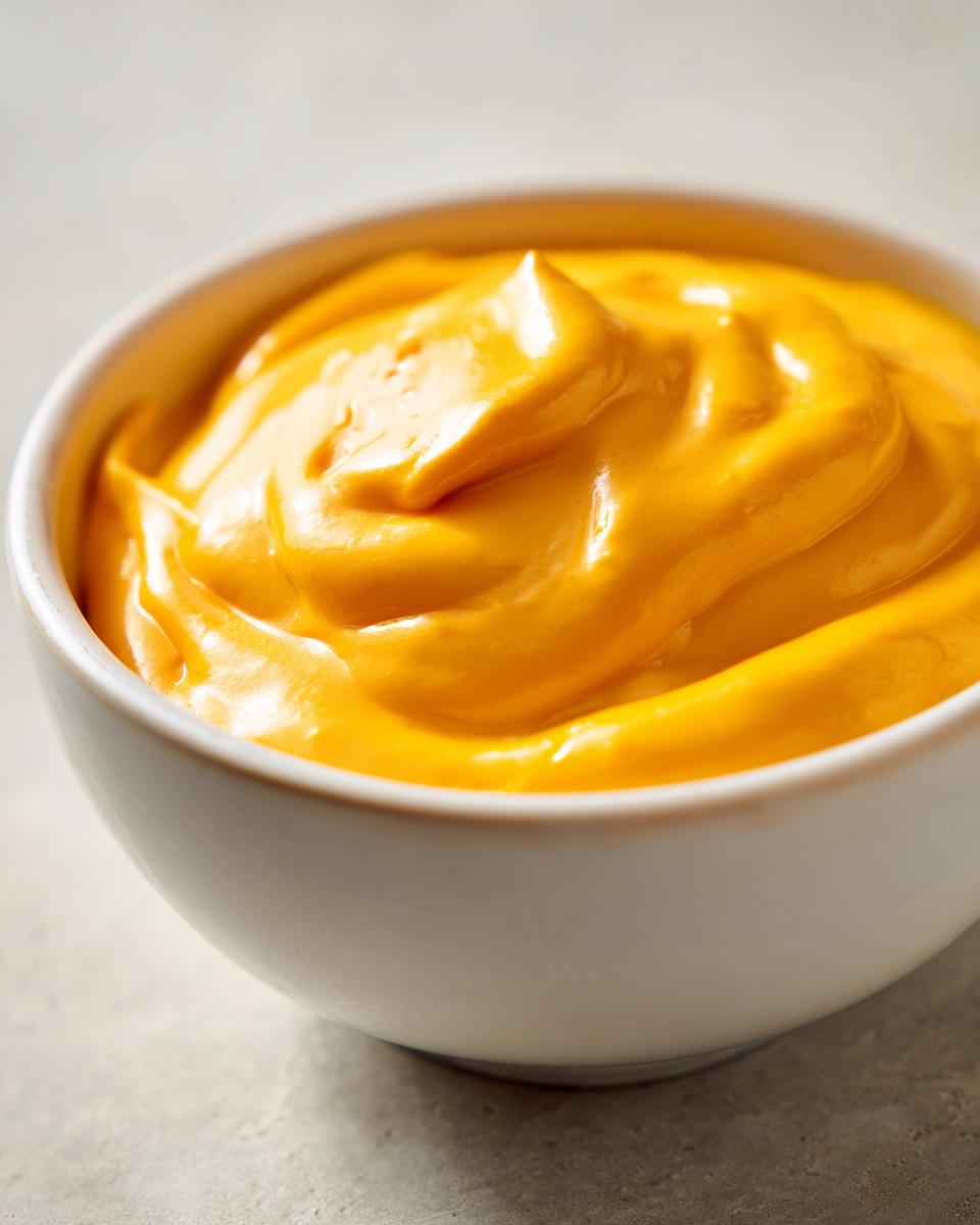 Close-up of creamy, bright orange nacho cheese sauce swirled high in a small white bowl.