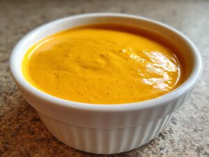 A close-up of vibrant, smooth nacho cheese sauce filling a small white ramekin.