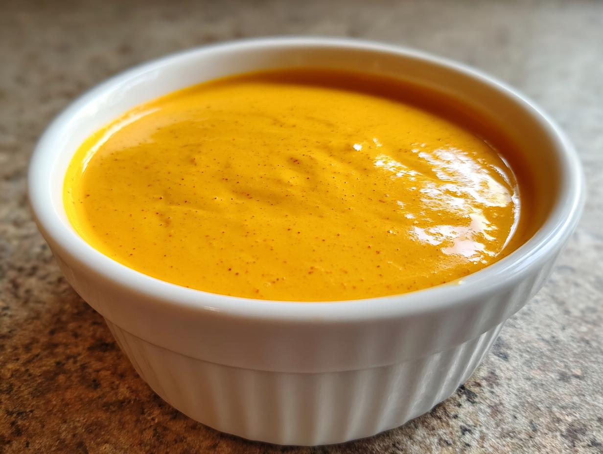 A close-up of vibrant, smooth nacho cheese sauce filling a small white ramekin.