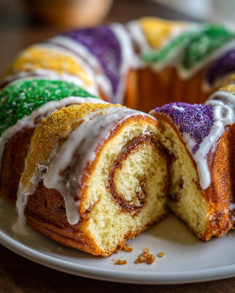 Close-up of a soft, sliced Kings Cake showing the cinnamon swirl filling, topped with white icing and colorful Mardi Gras sprinkles.