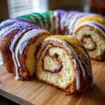 Close-up of a slice of soft cinnamon roll Kings cake, drizzled with white icing and colorful sprinkles.