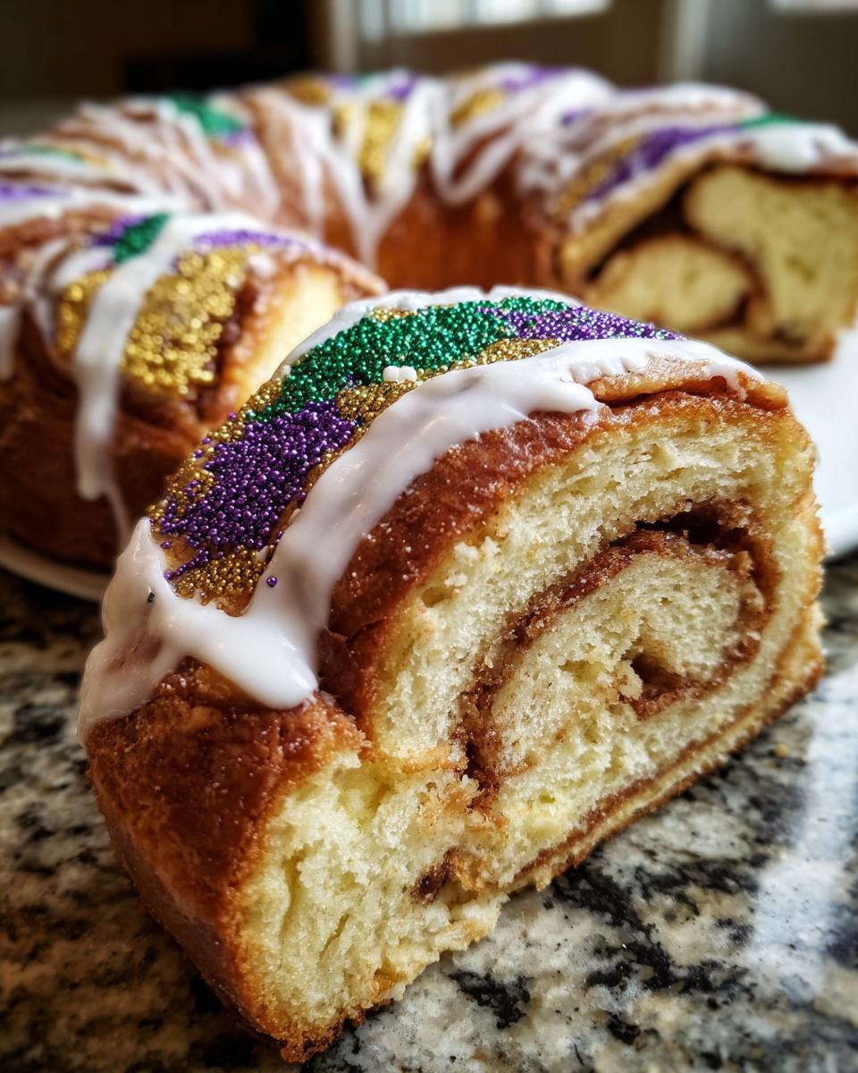 Close-up of a soft slice of Kings cake showing cinnamon swirl filling, white icing, and Mardi Gras sprinkles.