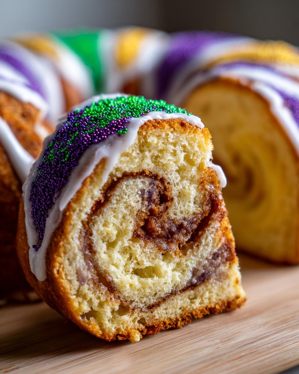 Close-up of a slice of soft Kings cake showing the cinnamon swirl interior, topped with white icing and green/purple sprinkles.