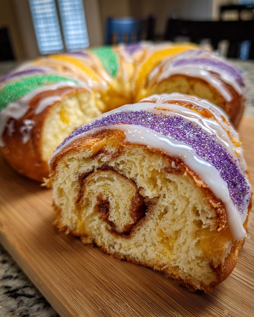 Close-up of a slice of soft Kings cake showing the cinnamon swirl interior and purple icing with sprinkles.
