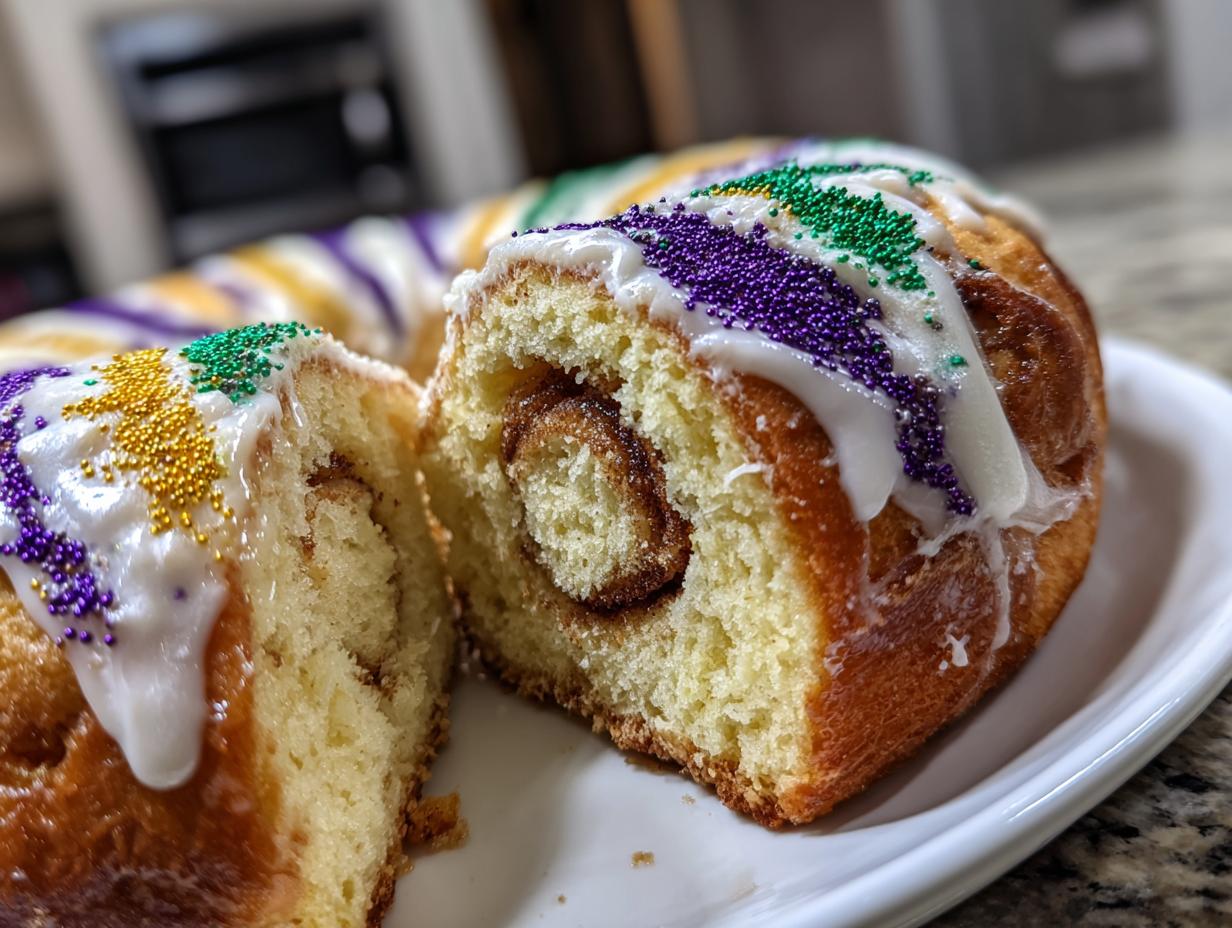 Close-up of a soft slice of Kings cake showing a cinnamon swirl interior, topped with white icing and purple, green, and gold sprinkles.