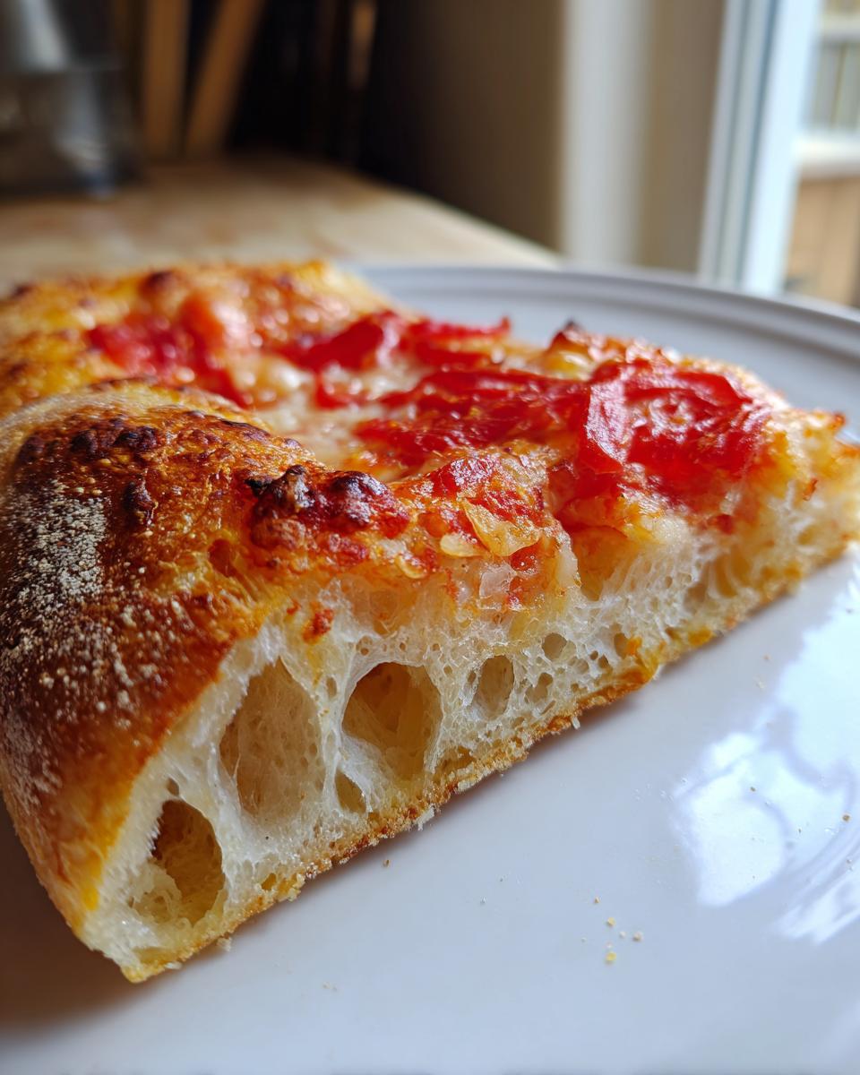 Close-up of a slice of pizza showing the airy, open crumb structure achieved with sourdough discard pizza dough.