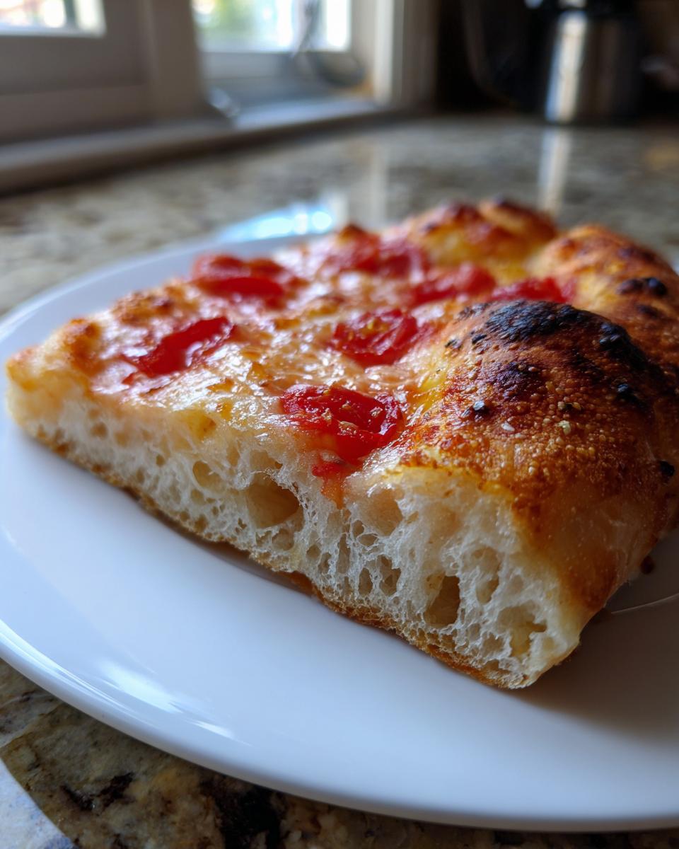 Close-up of a slice of pizza made with sourdough discard pizza dough, showing a light, airy, open crumb structure.