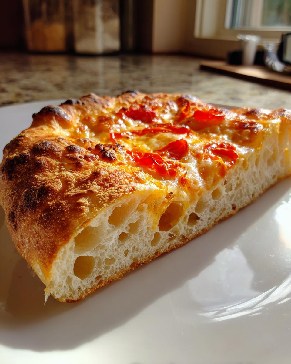 Close-up of a slice of pizza made with sourdough discard pizza dough, showing a beautiful open, airy crumb structure.