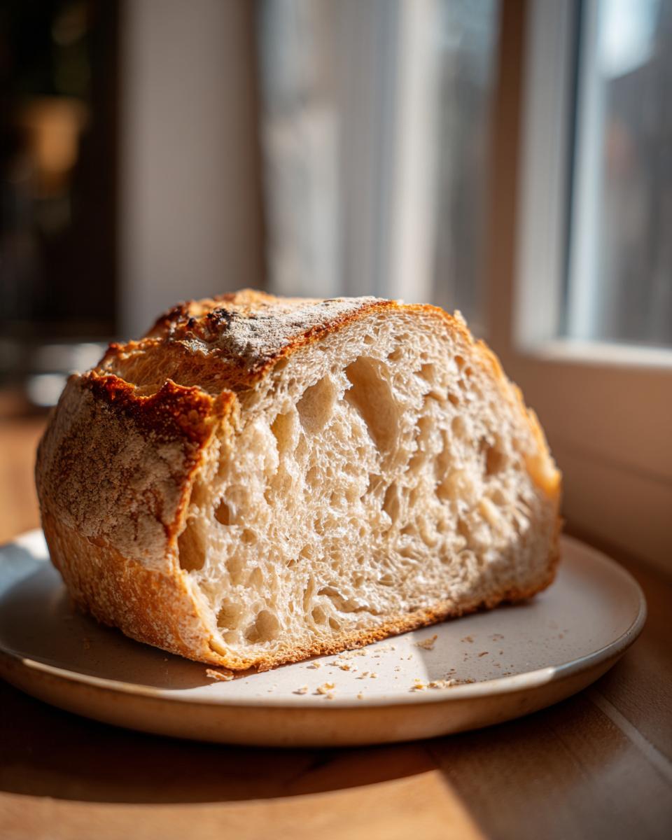 Close-up of a freshly baked sourdough sandwich bread loaf, showing its open, airy crumb structure.