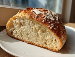 Close-up of a freshly baked sourdough sandwich bread loaf, showing the open, airy crumb structure and golden crust.
