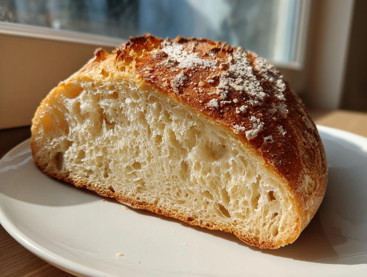 Close-up of a freshly baked sourdough sandwich bread loaf, showing the open, airy crumb structure and golden crust.