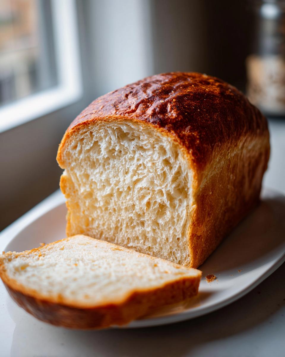 A golden-brown loaf of sourdough sandwich bread, partially sliced, showing a soft, open crumb texture.