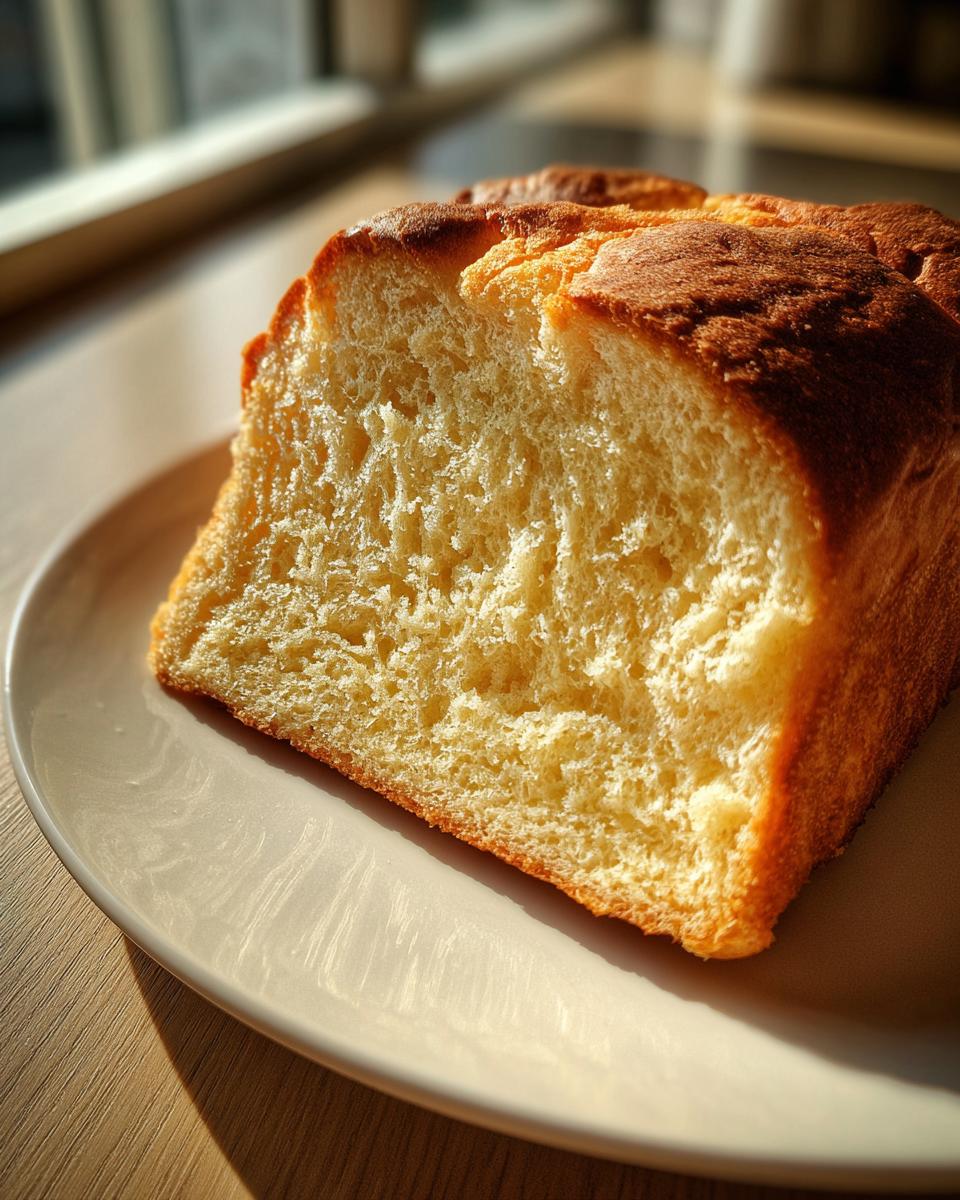 Close-up of a thick slice of fluffy sourdough sandwich bread showing its soft, yellow crumb and golden crust.