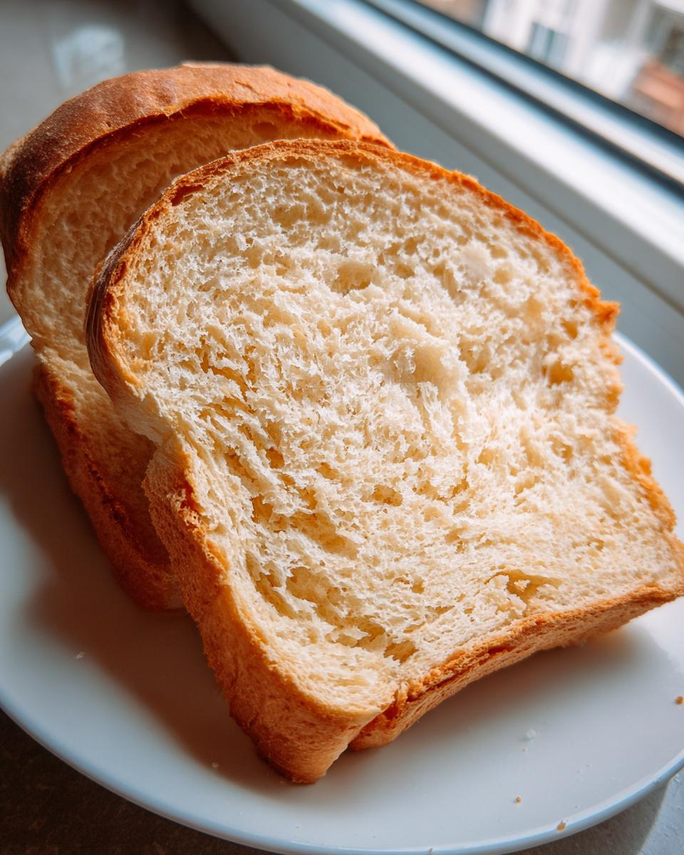 Two thick slices of fluffy sourdough sandwich bread showing a soft, light crumb texture.