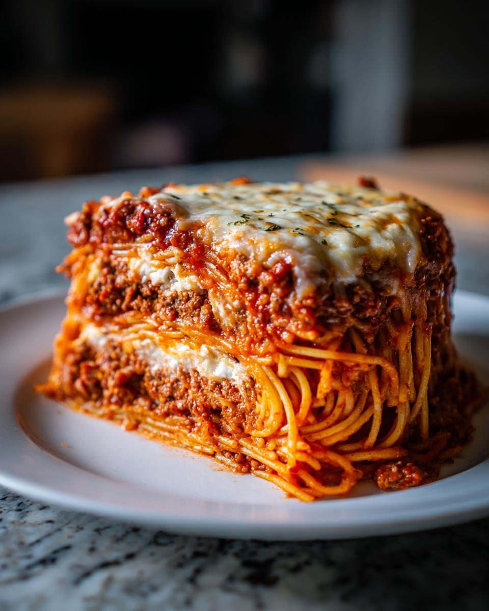 A tall, square slice of spaghetti pie layered with meat sauce and melted cheese, served on a white plate.