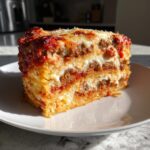 A thick, layered slice of baked spaghetti pie featuring pasta, meat sauce, and cheese, served on a white plate.