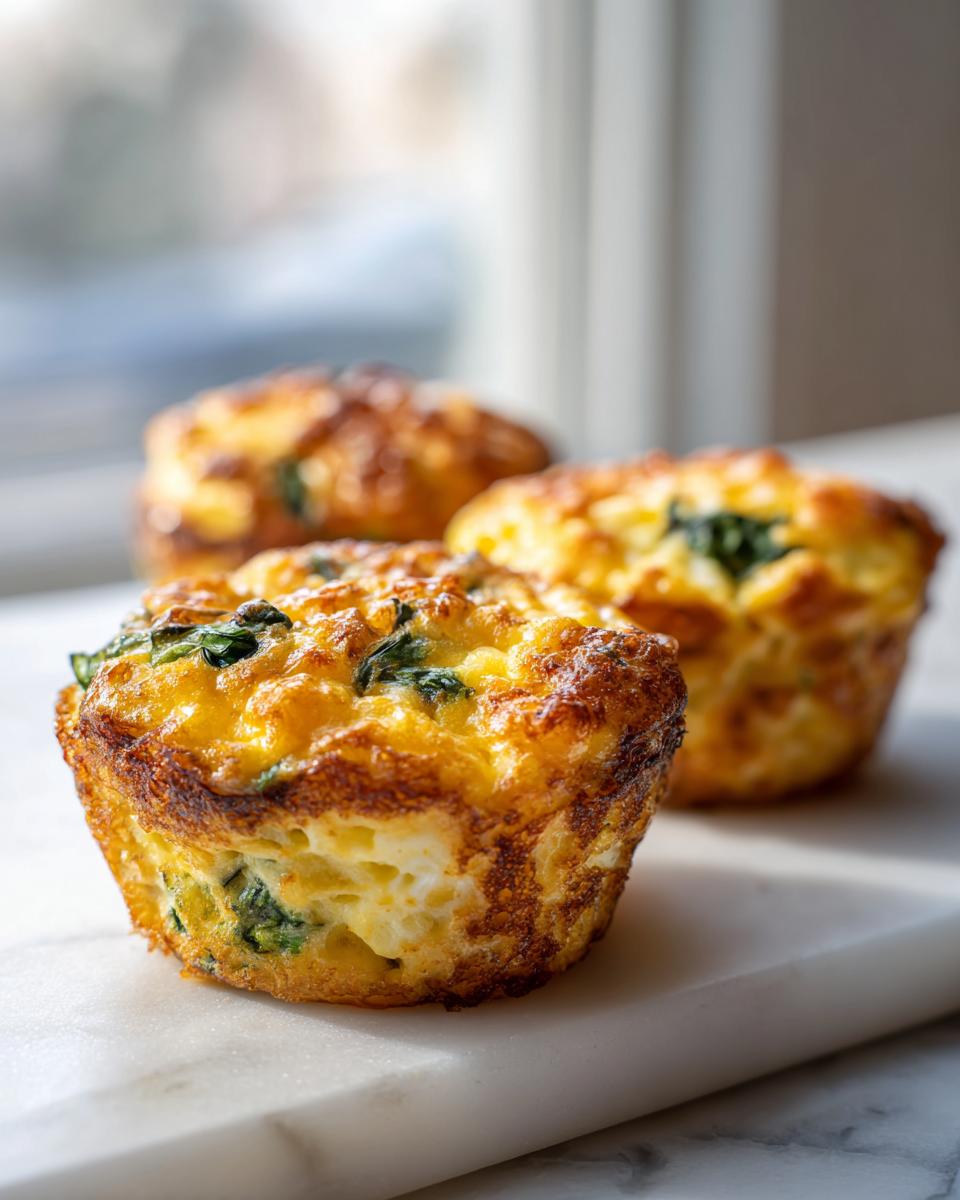 Three golden brown spinach egg muffin cups resting on a white marble surface with soft window light in the background.