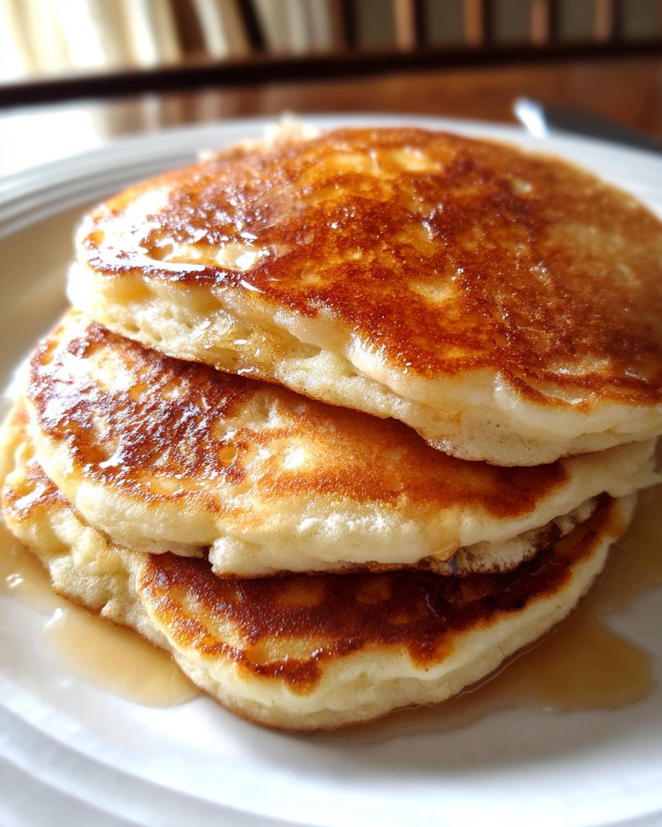 A close-up of three perfectly stacked, golden-brown fluffy pancakes drizzled generously with maple syrup.