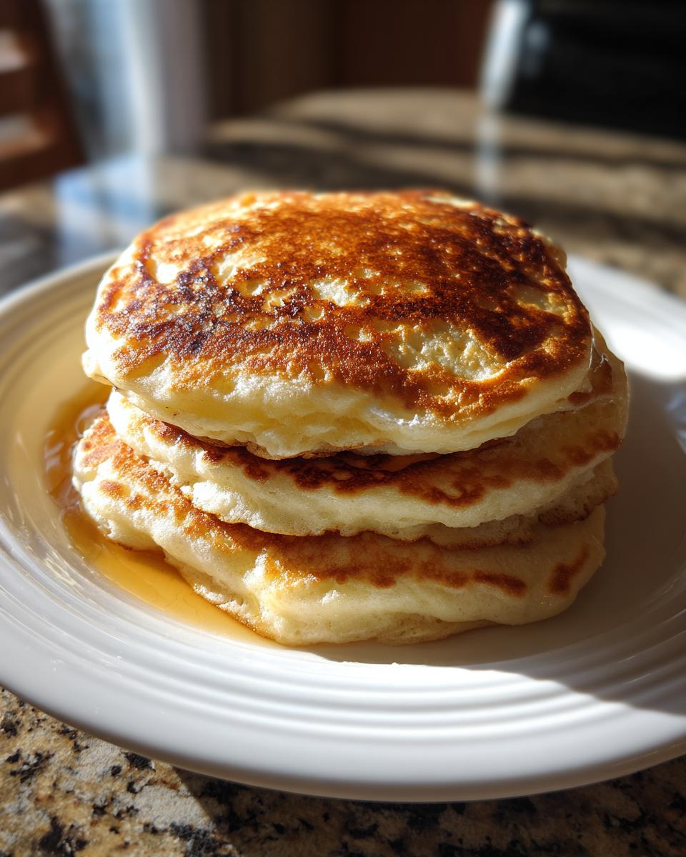 A stack of three perfectly golden brown fluffy pancakes drizzled with maple syrup on a white plate.