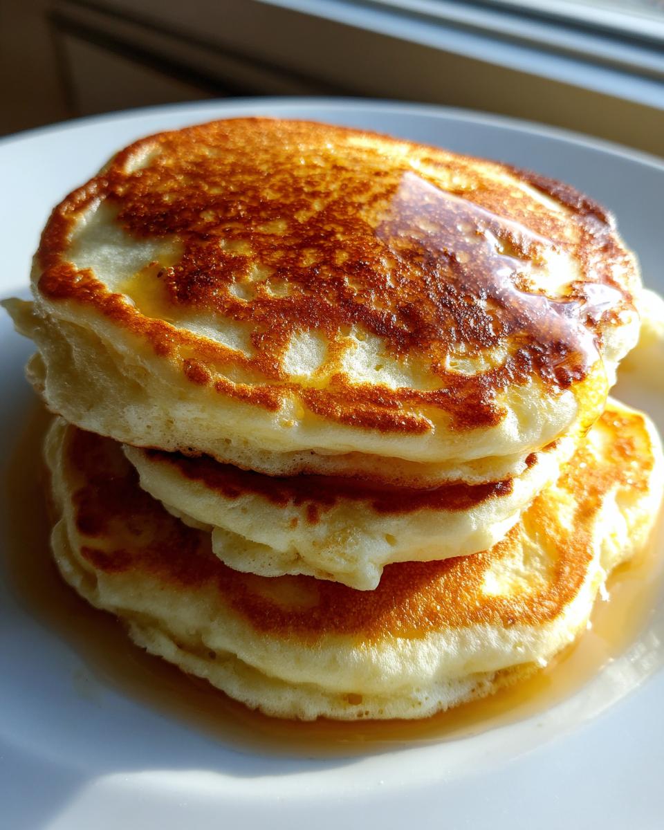 Close-up of a stack of three thick, fluffy pancakes drizzled with syrup, perfectly golden brown.
