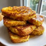 A tall stack of thick, golden brown french toast slices drizzled generously with syrup.
