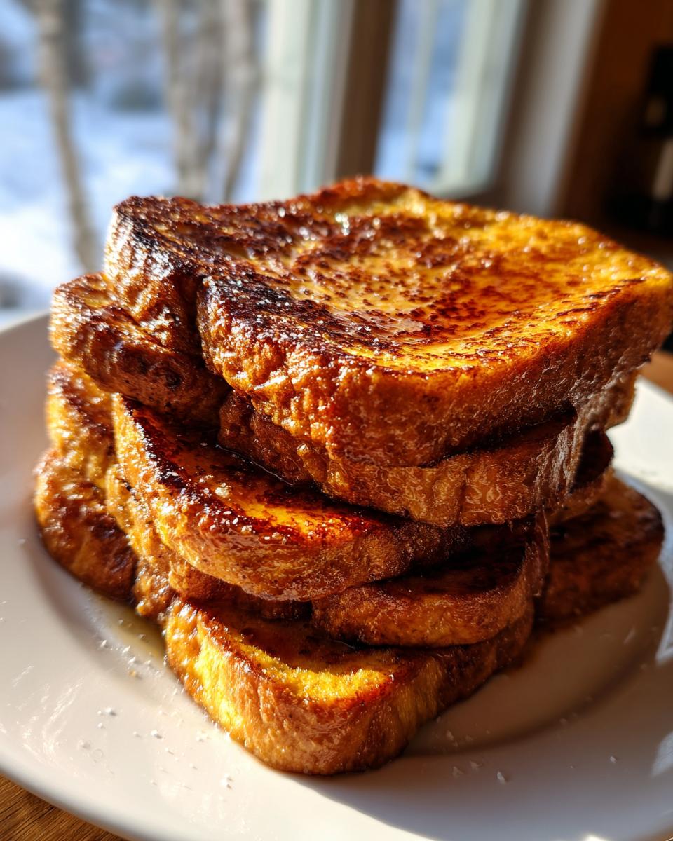 A tall stack of perfectly cooked, golden brown french toast drizzled with syrup, sitting on a white plate.
