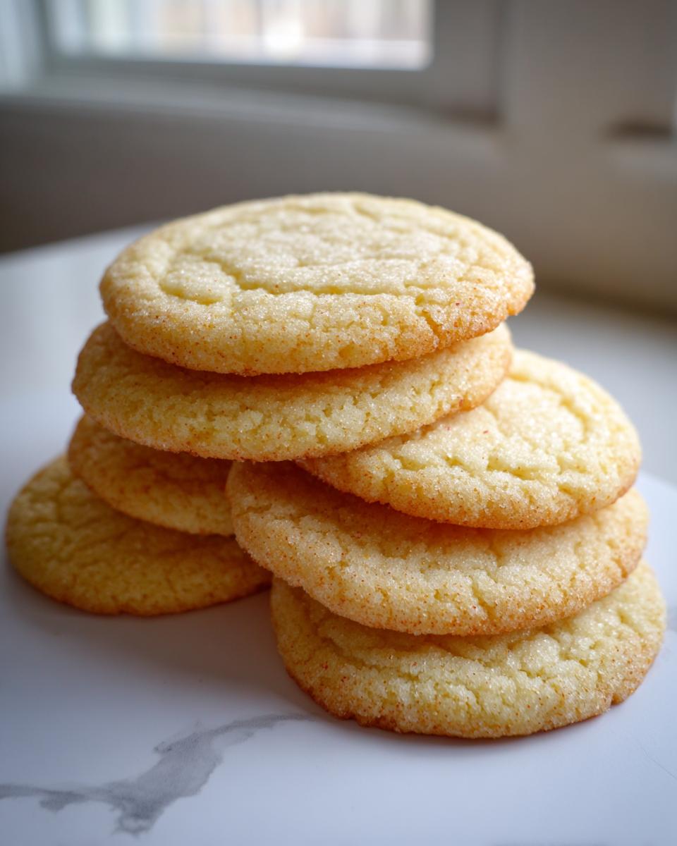 A stack of six perfectly round, golden sugar cookie cookies coated in fine sugar crystals.