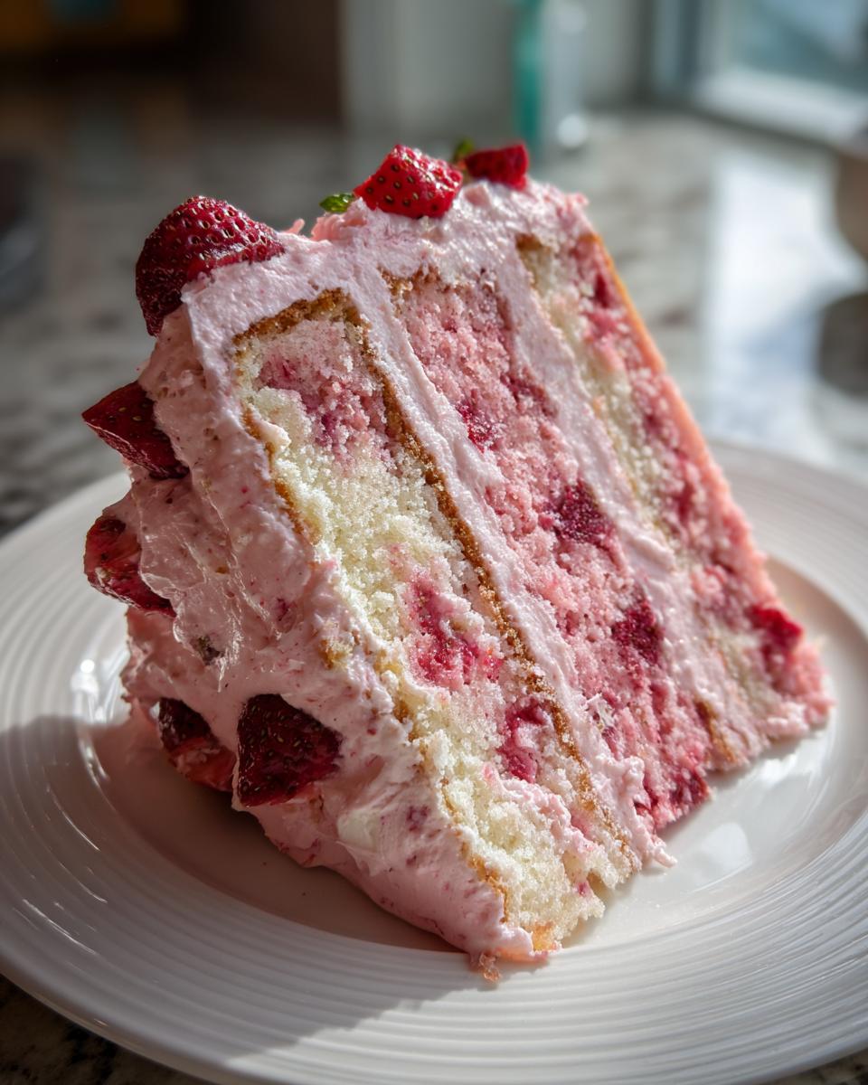 A tall, moist slice of strawberry cake with layers of white cake, pink strawberry filling, and strawberry buttercream frosting.