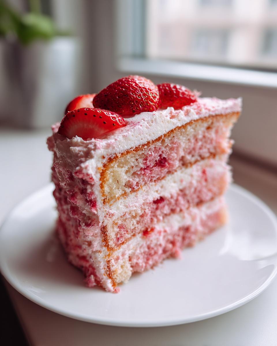 A tall slice of layered strawberry cake with pink frosting and topped with fresh, whole strawberries.