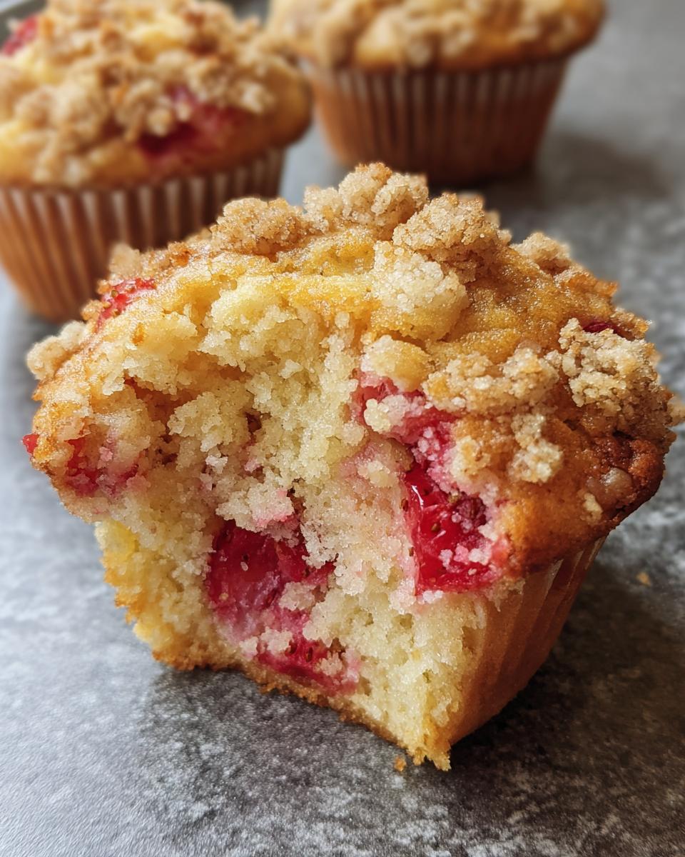 A close-up of a strawberry muffins with a bite taken out, showing moist cake and fresh strawberries inside, topped with streusel.