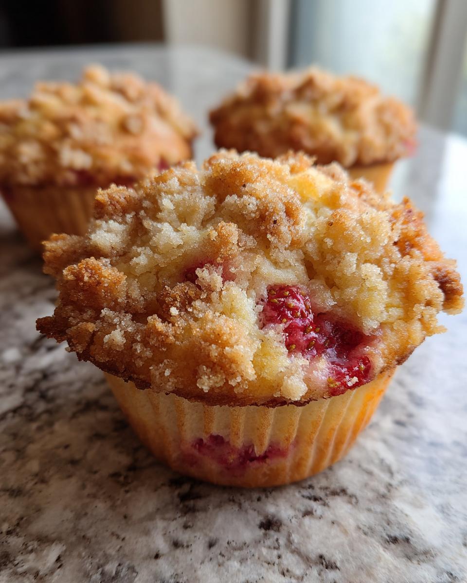 A close-up of a freshly baked strawberry muffin featuring a golden crumb topping and visible pieces of bright red strawberry.