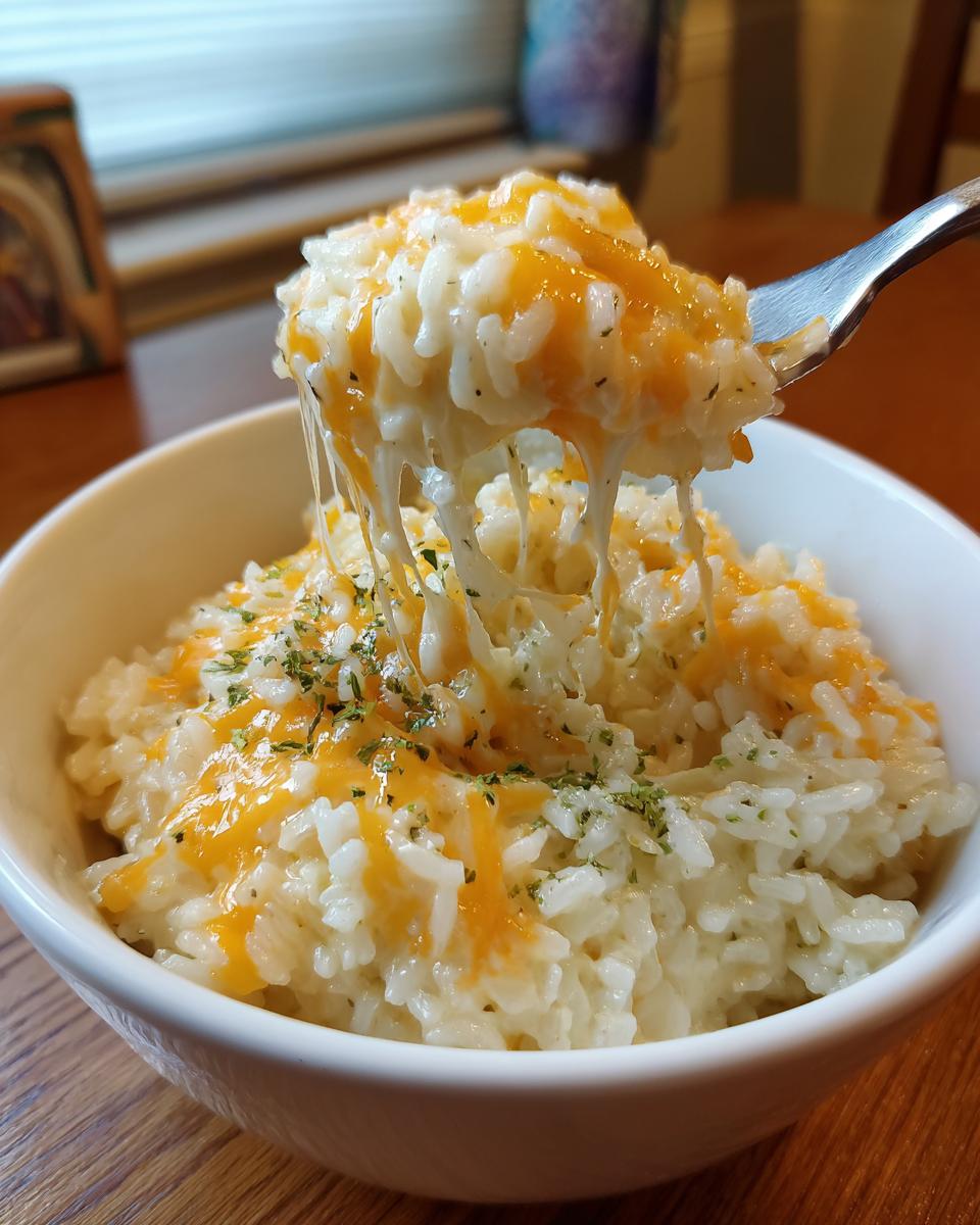 A fork lifts a bite of creamy, cheesy rice, showing long, satisfying cheese pulls from the bowl of cheesy rice.
