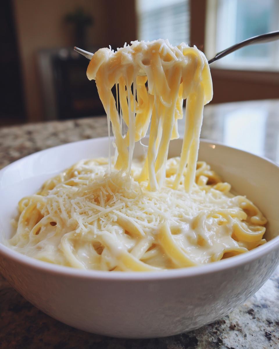 A fork lifts fettuccine noodles coated in creamy homemade alfredo sauce, showing a cheese pull over a bowl.