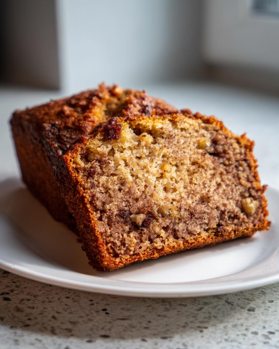 Close-up of a thick slice of moist sugar free banana bread showing a cinnamon swirl and nuts on a white plate.
