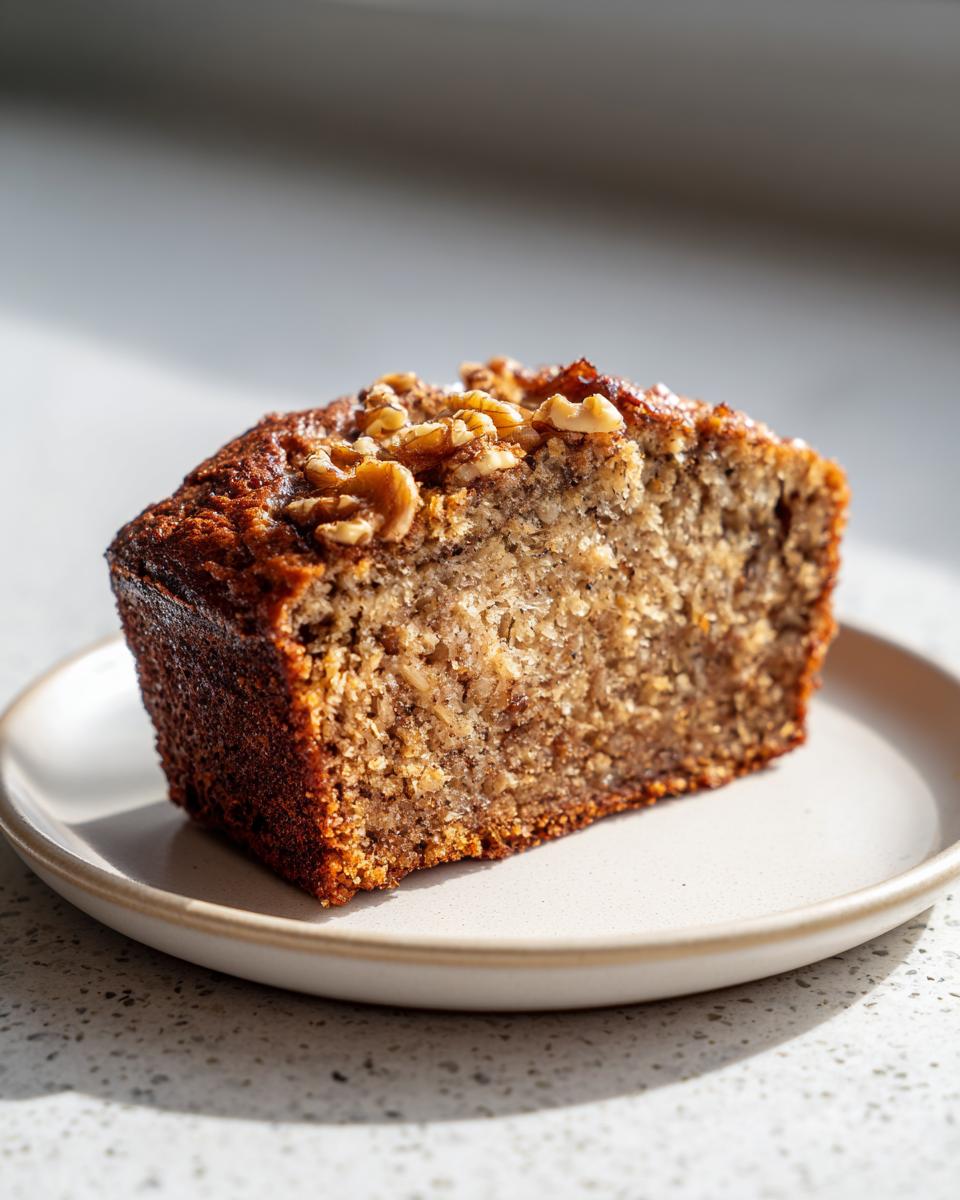 Close-up of a moist slice of sugar free banana bread topped with walnuts, sitting on a small plate.