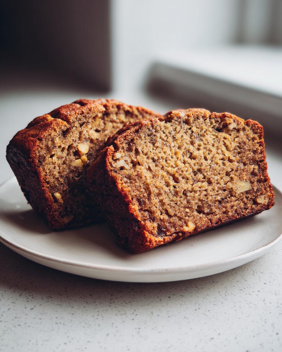 Two thick slices of moist sugar free banana bread, showing visible walnuts, served on a small white plate.
