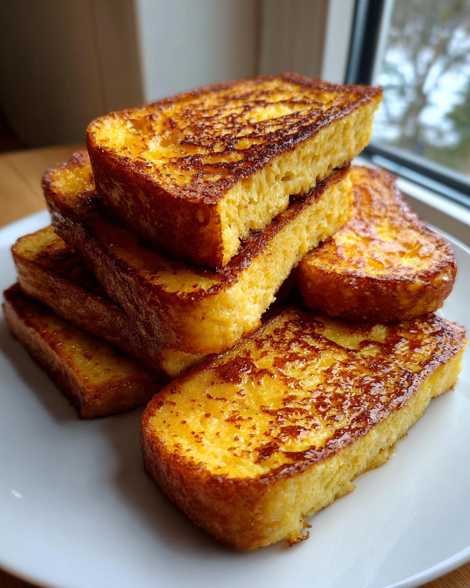 A stack of thick, golden-brown slices of perfectly cooked french toast piled high on a white plate.