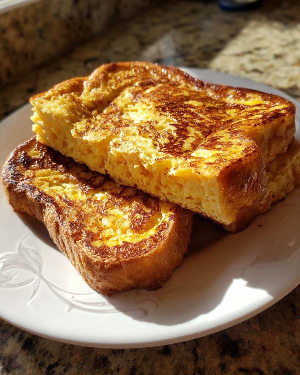 Two thick slices of golden brown easy french toast stacked on a white plate, catching bright sunlight.