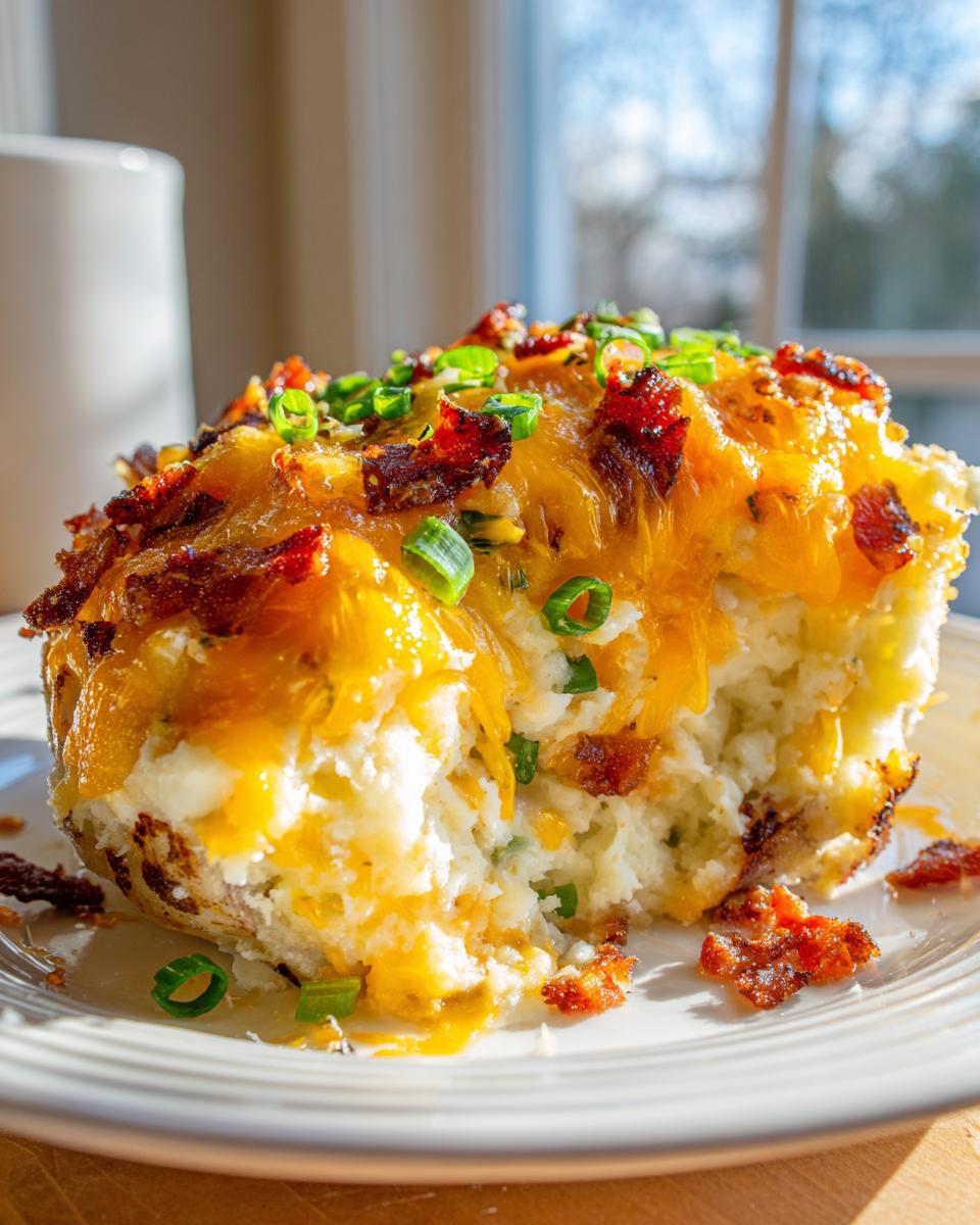 Close-up of a twice baked potato stuffed with creamy filling, topped with melted cheddar cheese, bacon bits, and green onions.