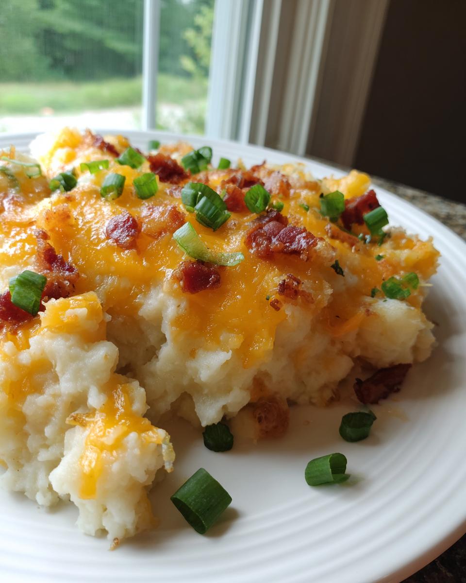 A scoop of creamy twice baked potato casserole topped with melted cheddar cheese, bacon bits, and green onions.