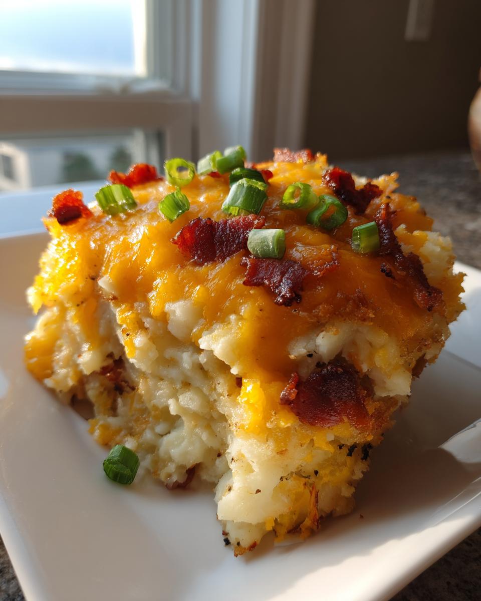 A close-up serving of twice baked potato casserole topped with melted cheddar cheese, bacon bits, and green onions.