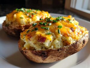 Two perfectly prepared twice baked potatoes topped with melted cheddar cheese, bacon bits, and fresh chives.