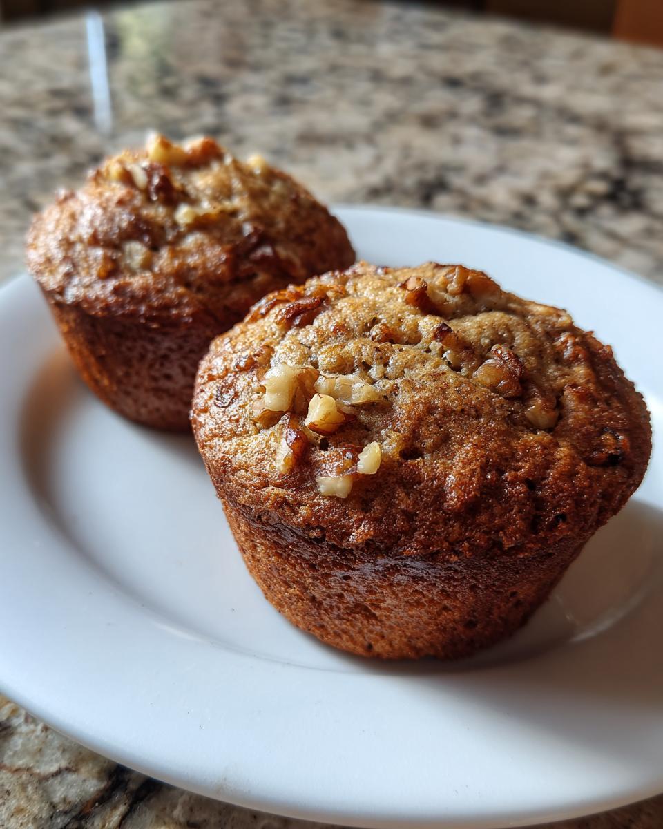 Close-up of two freshly baked banana nut muffins topped with chopped walnuts, resting on a white plate.