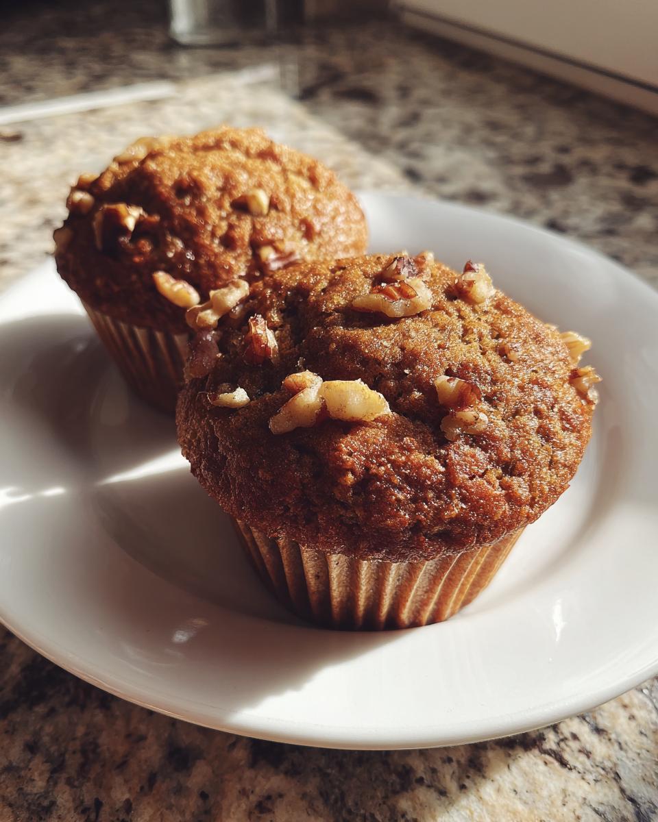 Two golden brown banana nut muffins topped with chopped walnuts, resting on a white plate in bright sunlight.