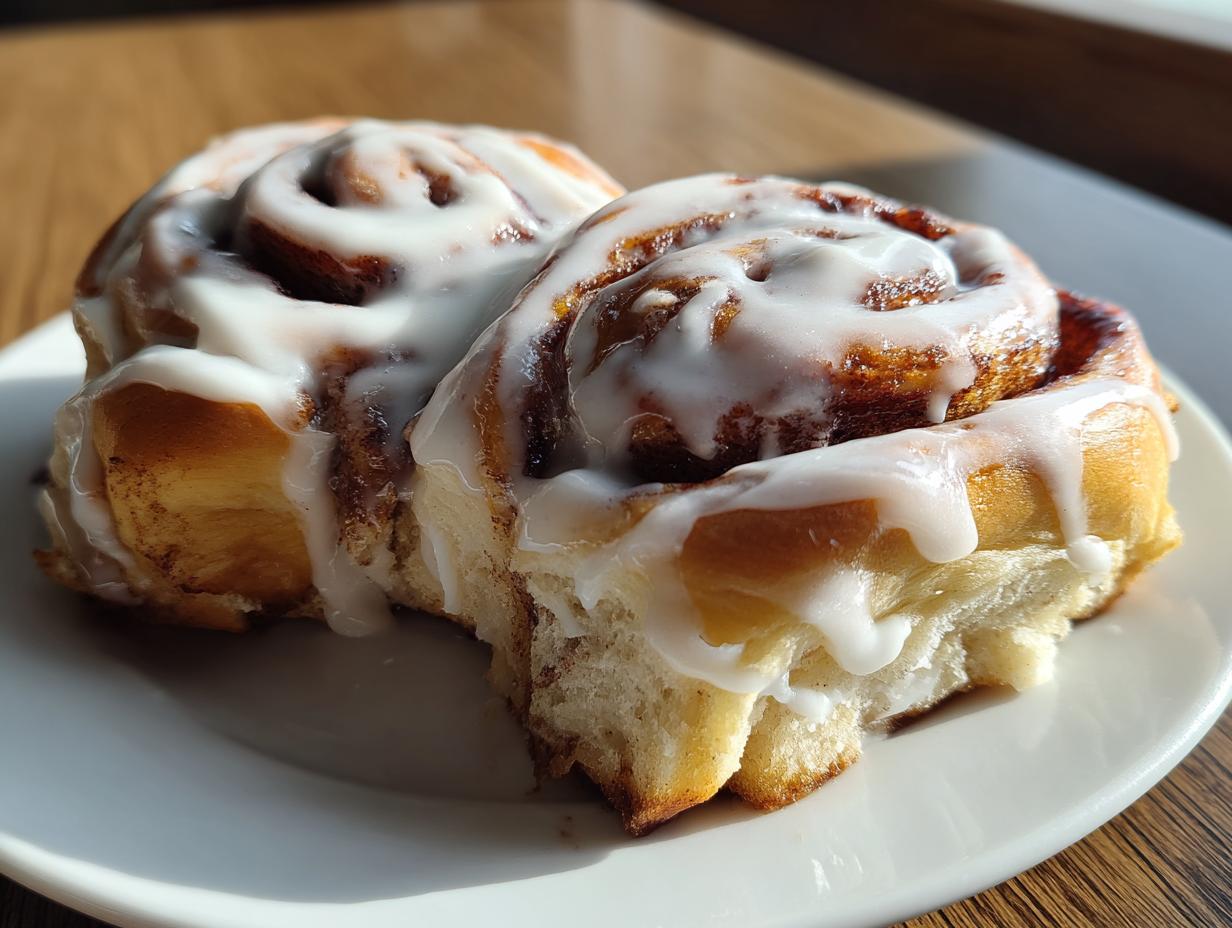 Close-up of two freshly baked cinnamon roll pastries generously topped with white icing.