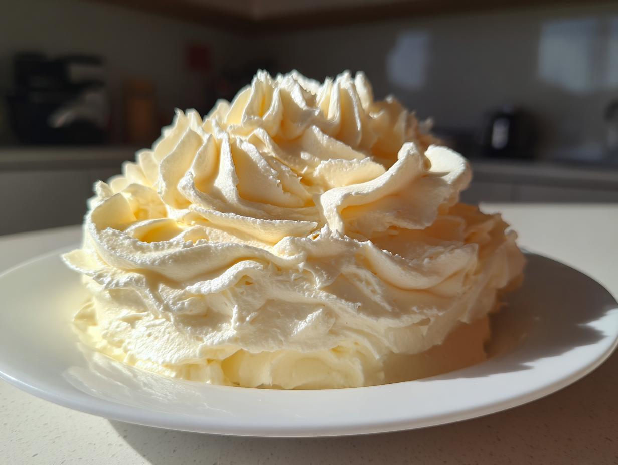 A mound of perfectly piped, creamy vanilla buttercream frosting sitting on a white plate.