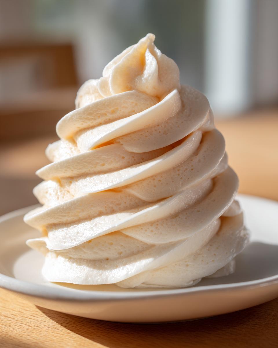 Close-up of a perfectly piped swirl of light, fluffy vanilla buttercream frosting on a small white dish.