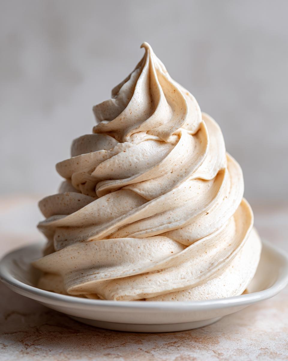 A tall, perfectly piped swirl of light tan vanilla buttercream frosting sitting on a small white saucer.
