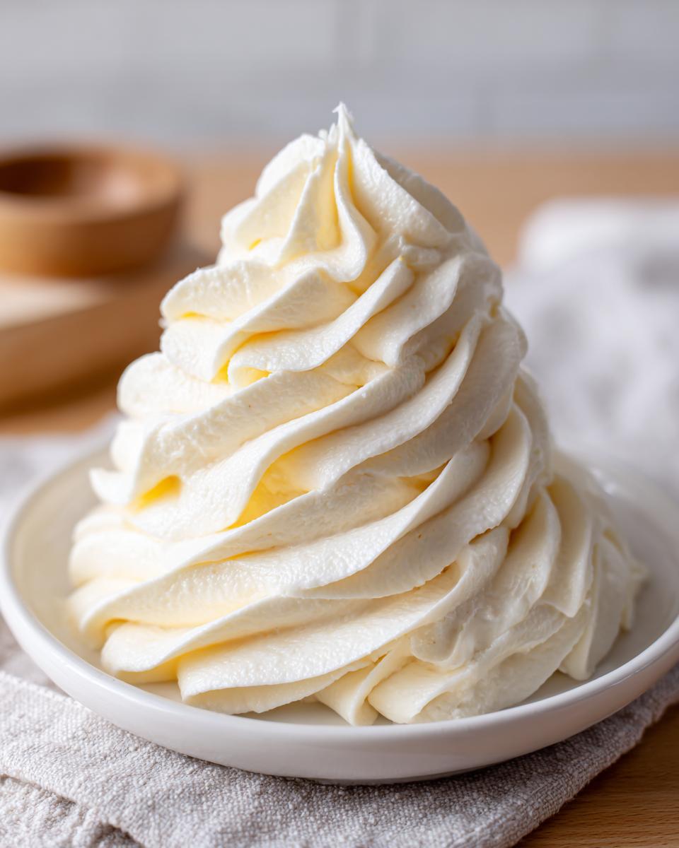 A tall, perfectly piped swirl of creamy vanilla buttercream frosting in a white bowl.