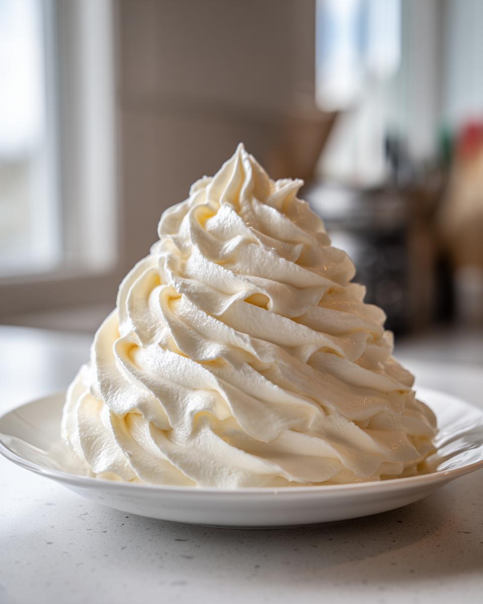 A tall, perfectly piped swirl mound of creamy white vanilla buttercream frosting on a white plate.